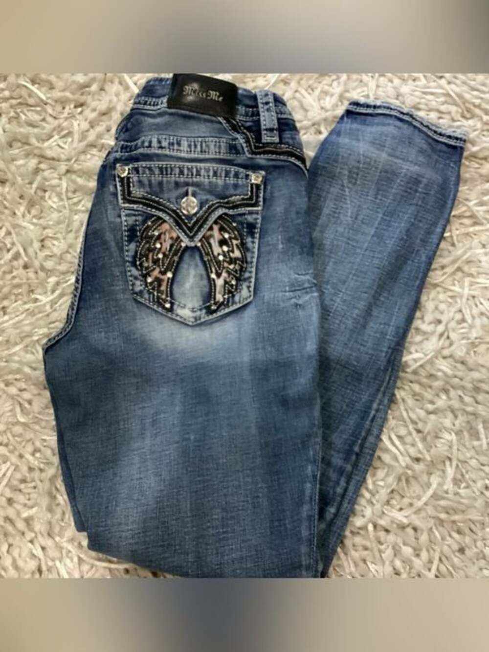 Miss Me Curvy Skinny Jeans with Embellished Wing Pocket - Size 29